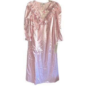 VTG Nicole M Nightgown Light Pink Satin Yoke Long Sleeve Ruffle Lace Rose 53"NWT